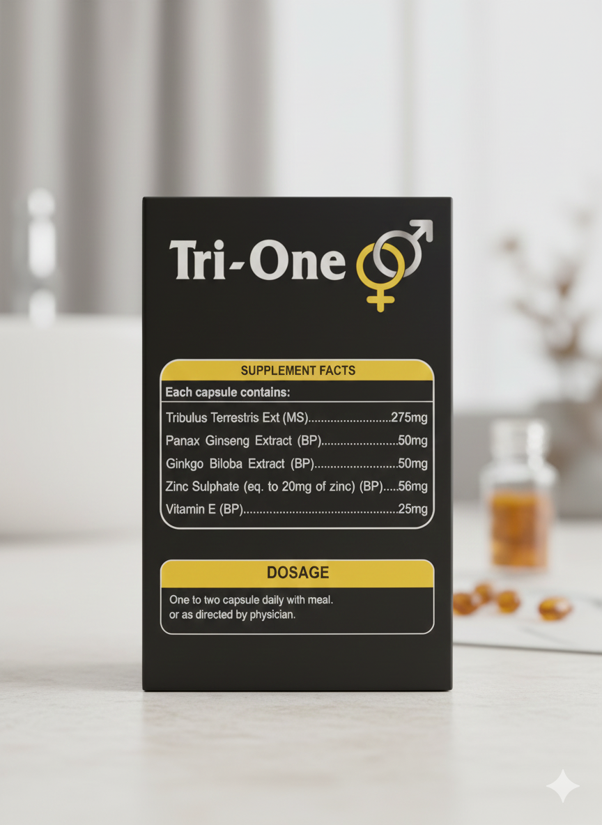 Tri-One supplement packaging with label on a white surface