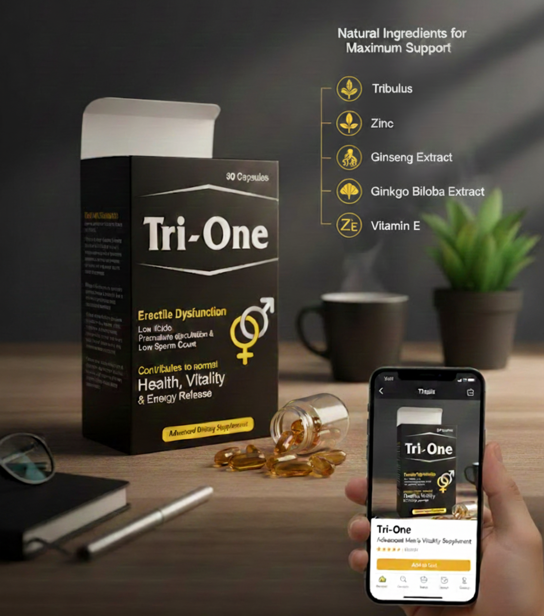 Tri-One supplement packaging on a desk with a phone displaying the product.